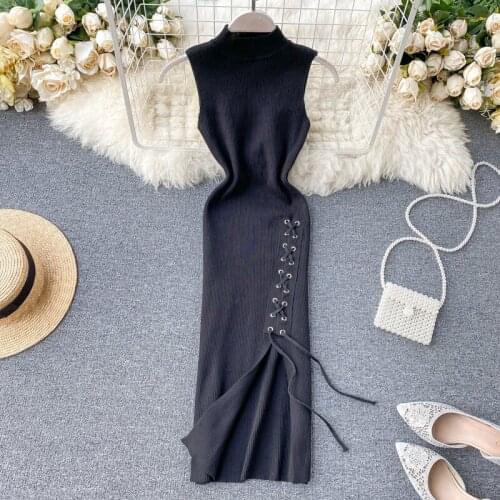 Bandage Dress Women Solid High Wasit O Neck Vestidos Spring Summer Vinatge Elegant 2020 Midi Dresses Lace Up
