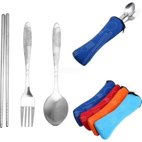 500Sets/Lot 3Pcs/Sets Chopstick Spoon Fork Stainless Steel Cutlery Zipped Bag Travel Picnic