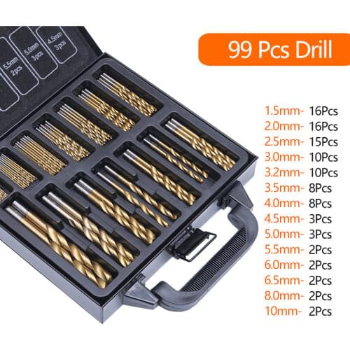 99PCS HSS Twist Drill Bit Set 1.5-10mm Titanium Coated Surface 118 Degree For Drilling wood Thin Metal DIY Home Use With Box