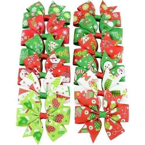 50pcs/lot Dog Hair Accessories Christmas Print Snowman Hairclips Pet Party Hair Bow Dog Hairbows Ribbon Hair Clips