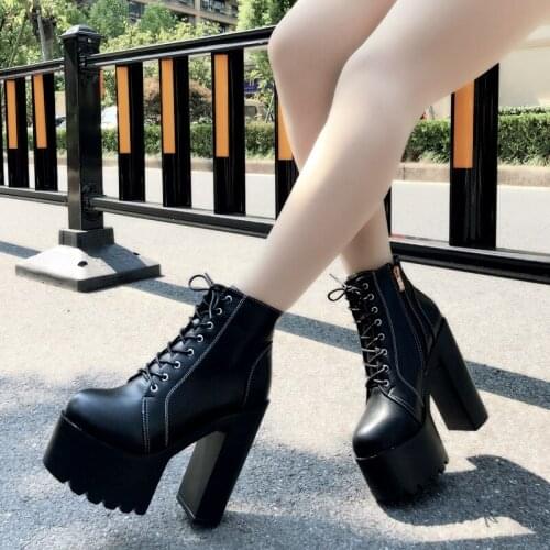 Lace-Up Martin Boots 15 Cm Thick-Sole Square Heel Single Boots Fashion Womens Ankle Boots Sexy Waterproof Platform Short Boots