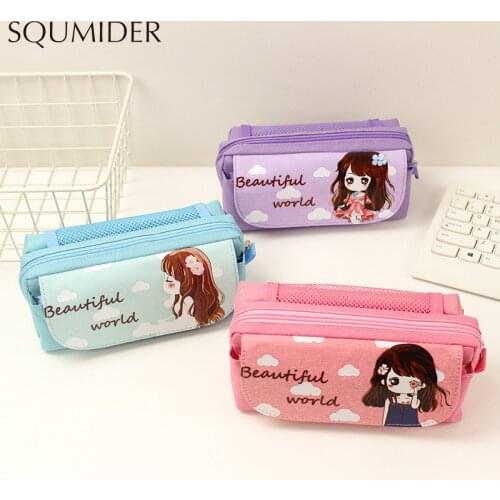 Cute Pencil Case Large Capacity Canvas Double Layer Lovely Princess Printed Student Etui Pencilcase Pen Box School Stationery