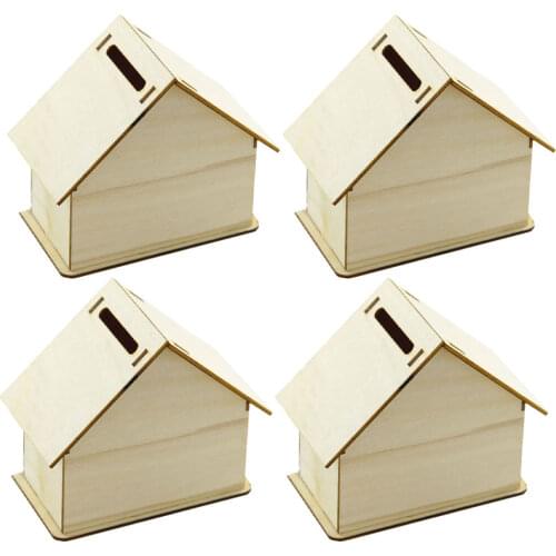 4pcs Wooden House Storage Box DIY Painting Blank Wood Holder Money Candy Container Desktop Home Box (Wood Color)