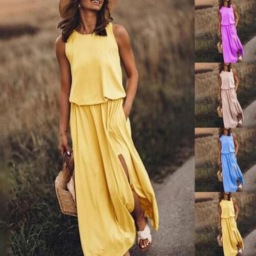 Long Dress Solid Color Split Hem Women Sexy Round Neck Sleeveless Dress Streetwear Khaki/pink/ yellow/sky blue