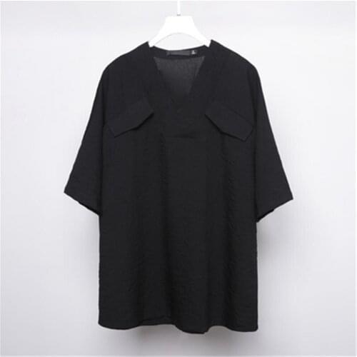 Mens Short Sleeve T-Shirt Summer v-Collar Solid Color Cat Ear False Pocket Japanese Casual Retro Loose Short Sleeve T-Shirt