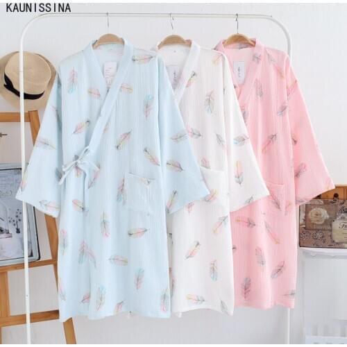 Printed Robe For Women Crepe Cotton Three Quarter Sleeves Kimono Bathrobes Nightgown Soft Hotel Robe Ladies Casual Homewear M L