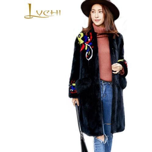 LVCHI Winter 2019 Import Real Mink Fur Coats Natural Print Flower Mink Fur Coat Womens V-Neck Medium Pocket Causal Fur Coats
