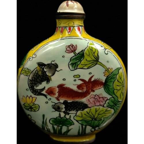 Chinese Antique Cloisonne Fish & Lotus Pattern snuff bottle Qian Long W Mark