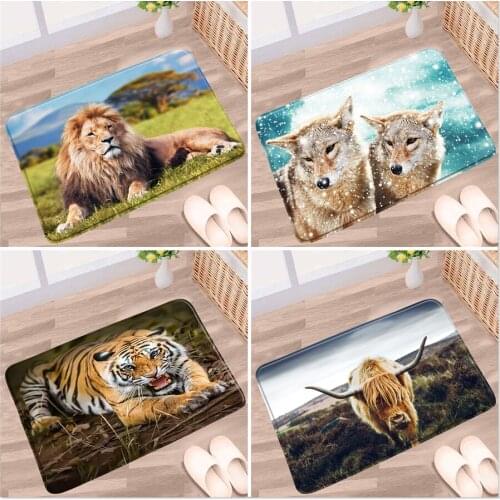 Wild Animal Bathroom Mat Grassland Tiger Lion Cow Wolf Leopard Giraffe Plant Landscape Anti-slip Rug Bath Kitchen Doorway Carpet