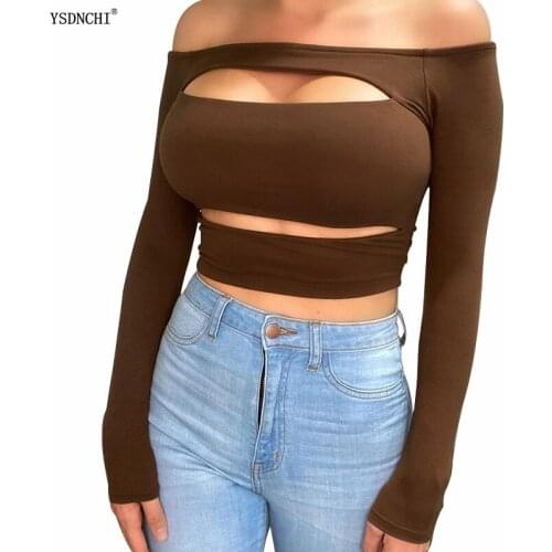 YSDNCHI Crop Top Black Shirts Sexy Slash Neck Short Femme Club Women Harajuku 2021 Spring Summer Long Sleeve Tight Gray Coffee