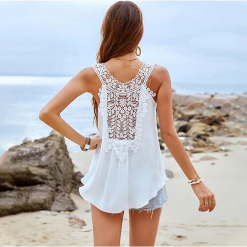 Lace Tank Top Women Summer 2021 Holiday Beach Hollow Out Sexy White Tank Blouse Female Ladies Tops