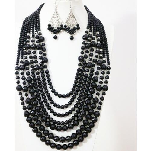 Fashion Women Black Round Shell Simulated-pearl Abacus Crystal 7 Rows Bead Necklace Earrings Ceremony Gifts Jewelry Set B1306