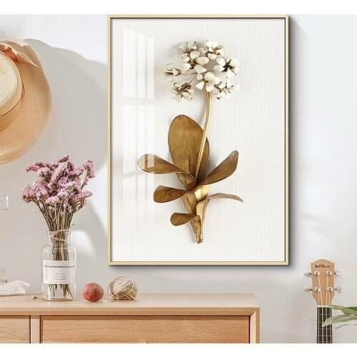 Golden Plant Leaves and Flowers Wall Art Canvas Painting Wall Pictures for Living Room Nordic Decoration Pictures Morden Decor