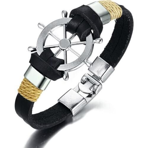 2020 New Fashion Rudder Men Bracelet Bangle Double Layer Leather Classic Vintage Daily Sport Sailing Jewelry
