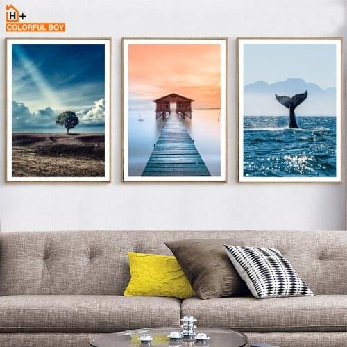 Ocean Whale Bridge Field Tree Landscape Wall Art Canvas Painting Nordic Posters And Prints Wall Pictures For Living Room Decor
