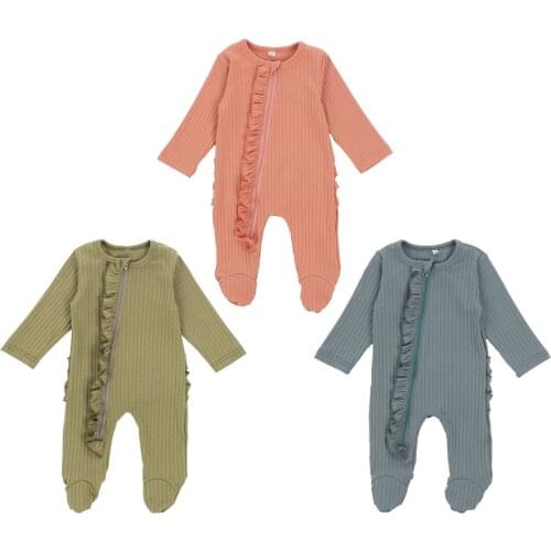 Newborn Baby Girl Ruffle Footies Pajamas Knitted Sleeper One Piece Romper Jumpsuit Ribbed Outfit Solid Clothes