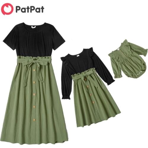 PatPat Color Block Splice Short-sleeve / Long-sleeve Matching Black Green Midi Dresses