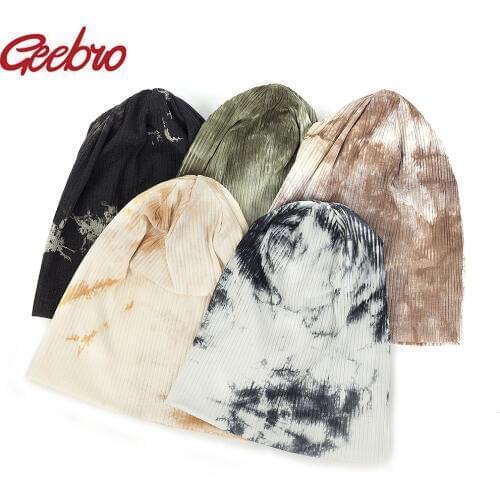 Geebro Casual Cotton Ribbed Tie Dye Beanies Hats And Caps For Women Men Autumn Winter slouch Hats Ladies Plain Skullies Gorras