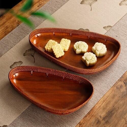 Handmade Natural Rattan Black Walnut Tray For Tea Cake Dessert Snacks Fruit Durable Solid Wood Food Plate For Home Hotel Office
