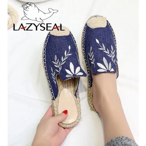 LazySeal Baotou Embroider Slippers Women Shoes Flat-Soled Non-Slip Ladies Flip Flops Hemp Bottom Woman Slides Breathable Slipper