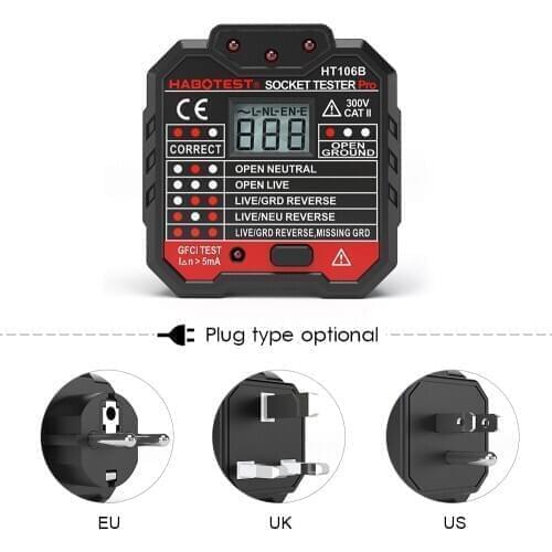 HT106 Socket Tester Pro Voltage Test Socket Detector UK EU US Plug Ground Zero Line Plug Polarity Phase Check Socket Tester
