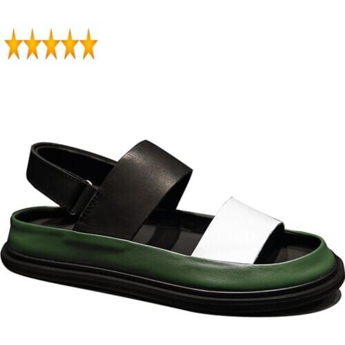 Thick Italian Men 2021 New Platform Mixed Colors Beach Sandals Hook Loop Open Toes Gladiator Male Shoes Genuine Leather Slippers