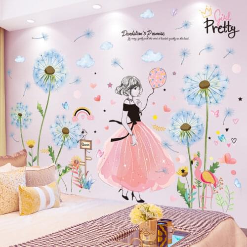 Pretty Girl Wall Stickers DIY Blue Color Flowers Wall Decals for Kids Rooms Baby Bedroom Nursery Decoration