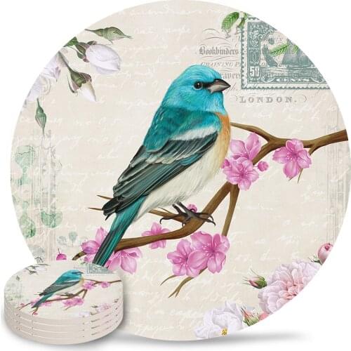 Vintage Flowers And Birds Round Coaster Coffee Table Mats Kitchen Accessories Absorbent Ceramic Coasters