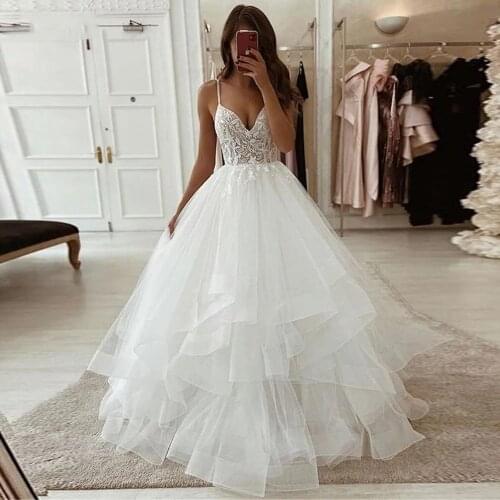 WUZHIYI Puffy Tulle Wedding Dresses For Bridal Charming Spaghetti Straps Sleeveless Open Back Women Marriage Lace A Line Gowns