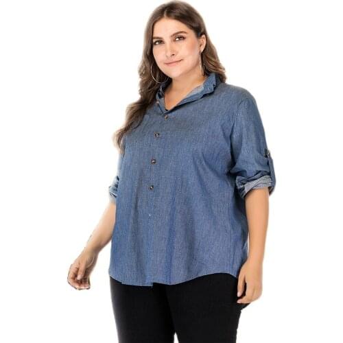 SCStranger Women Jacket 2020 Oversize Denim Washed Blue Jeans Turndown Collar Loose Fashion Long Sleeved Blouse Denim Jacket