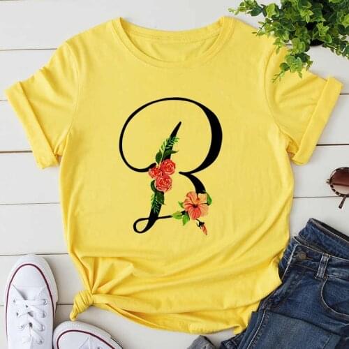 Custom Name Letter Combination Womens High Quality Print T-shirt Flower Letter Font A B C D E F G Short Sleeve yellow Tshirt