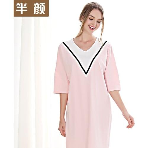 Spring Summer 100% Cotton Fashion Short Sleeved Nightdress V-neck Stitching Nightgowns Home Clothing Sleepshirts Women Dresses
