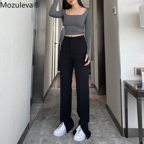 Mozuleva Spring Skinny Loose Long Split Suit Pants Bottoms Women Elegant Black Trousers High Waist Office Lady Pentalon Flare