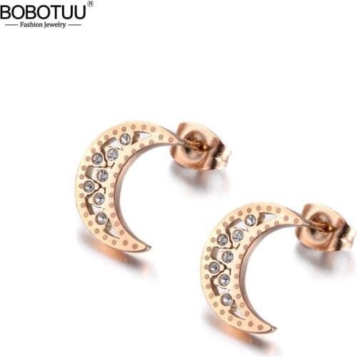 BOBOTUU Trendy Neo-Gothic Moon Inlay CZ Crystal Stainless Steel Stud Earrings For Women Rose Gold Ear Jewelry BE19174