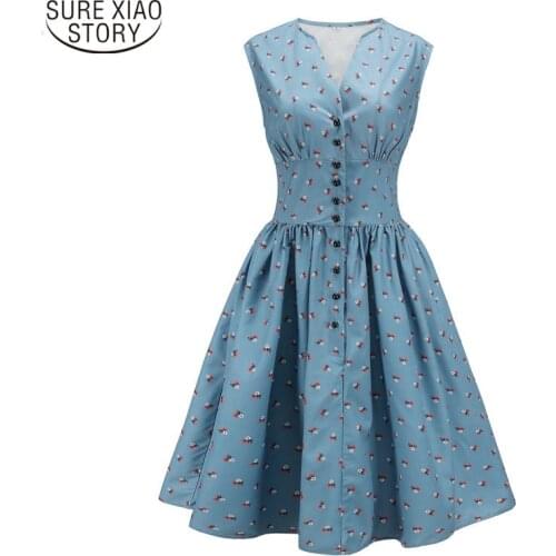 Women Sleeveless Dress 2021 New Womens Button Summer Printed V-Neck High Waist Vintage Floral Print Dress Plus Size S-4XL 12856