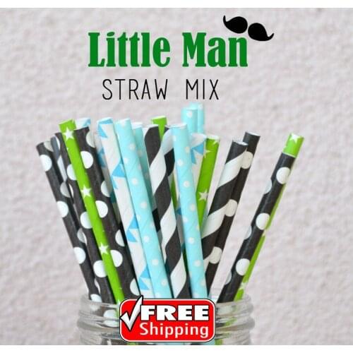 250pcs Mixed 5 Designs Little Man Themed Paper Straws-Lime,Blue,Black-Stripe,Star,Dot,Bunting Flag-Birthday Party Cute Fancy