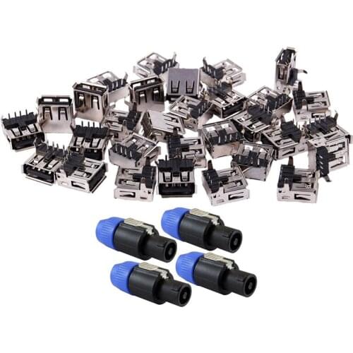 30 Pcs 15mm USB 2.0 Female Type a Port 4-Pin DIP 90 Degree Jack Socket with Speaker Plug Twist Lock 4 Pole Speaker Plug
