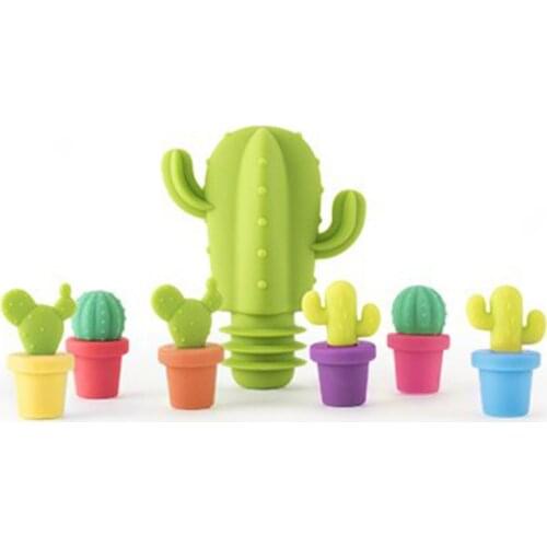 7pcs Creative Cactus Modeling Wine Bottle Stopper Sealing Lid Flower Pot Cups Identification Mark Set Ornament