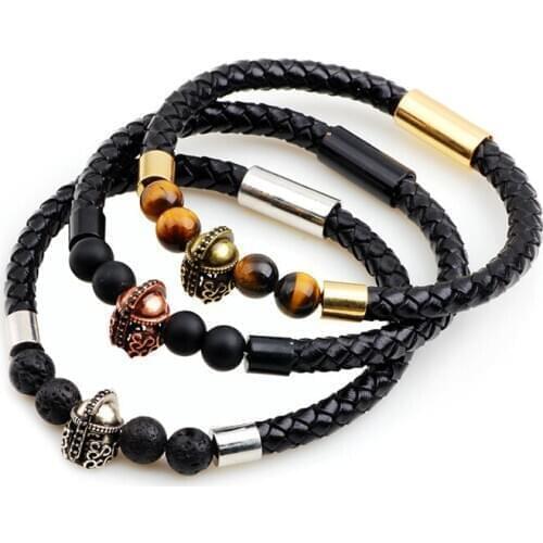 Natural Volcanic Lava Stone multicolor Bracelet Beads Bracelet Braided Genuine Leather Bracelets & Bangles Jewelry for Men Women