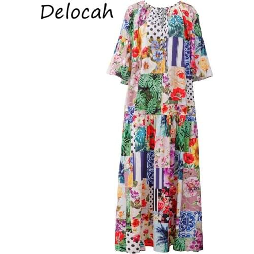 Delocah New 2021 Summer Women Fashion Runway Maxi Dress Lantern Sleeve Bow Loose Dot Floral Print Holiday Long Dresses Vestidos