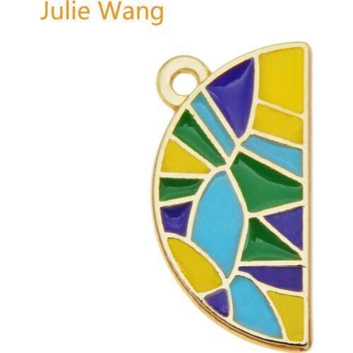 Julie Wang 12PCS Enamel Semicircle Colorful Patchwork Charms Gold Tone Necklace Earrings Findings DIY Jewelry Making Accessory