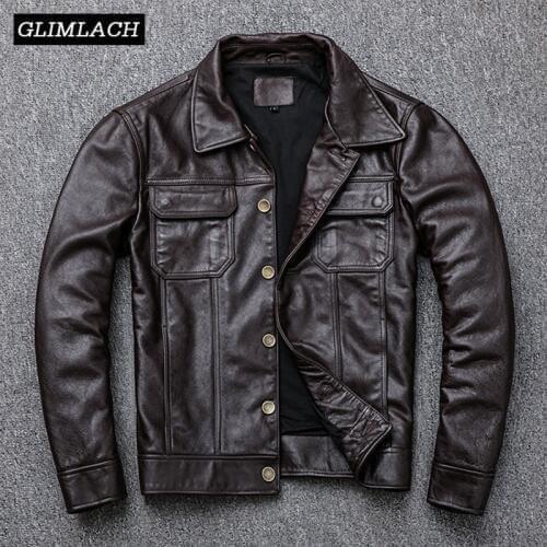American Cowboy Vintage Genuine Cow Leather Jackets Men Brown Single Breasted Slim Cowskin Real Leather Coats Motorcycle Biker