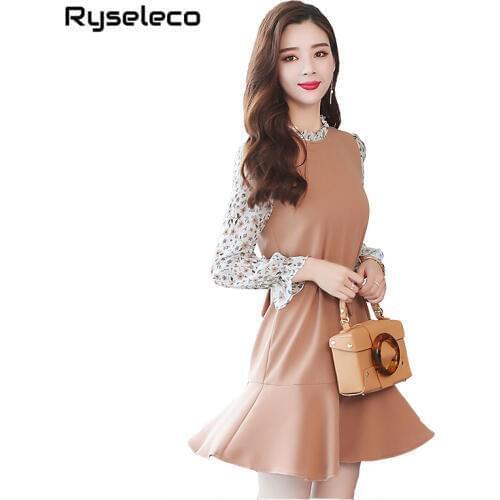 Girls Mini Slim Trumpet Dresses 2018 Sweet Chic Prints Floral Chiffon Patch Ruffles Fish Tail Mermaid Long Sleeve Short Vestidos