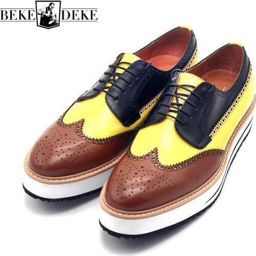 Mens Colos Mixed Wing Tip Brogue Shoes Lace Up Formal Thick Platform Dress Shoes Top Quality Cow Genuine Leather Social Shoes