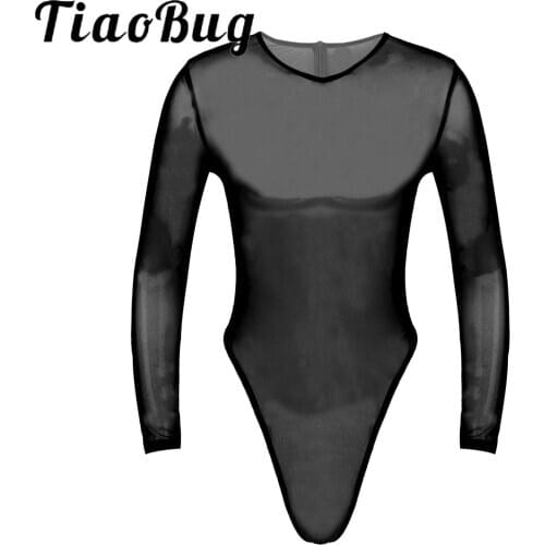 Mens Erotic Lingerie Bodysuit Sexy See-Through Mesh Sleepwear Long Sleeve High-Cut Thongs Back Zipper Leotard Slim Fit Jumpsuit
