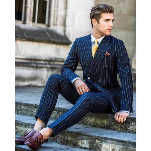 Latest Coat Pant Designs Navy Blue Stripe Men Suit Slim Fit 2 Pieces Groom Tuxedo Custom Double Breasted Suits Prom Blazer Terno