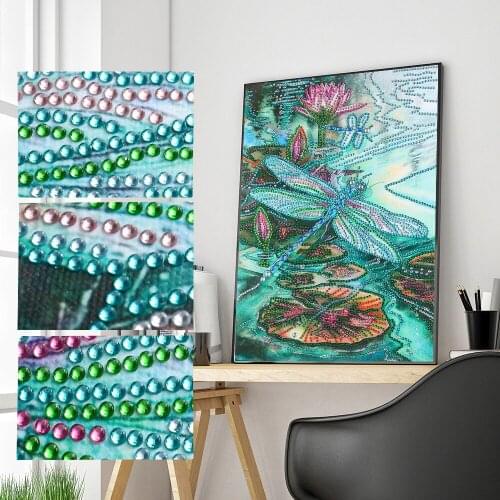 5D DIY Partial Drill Special Shaped Diamond Painting Green Dragonfly Lotus Embroidery Cross Stitch Kit Home Wall Decoration