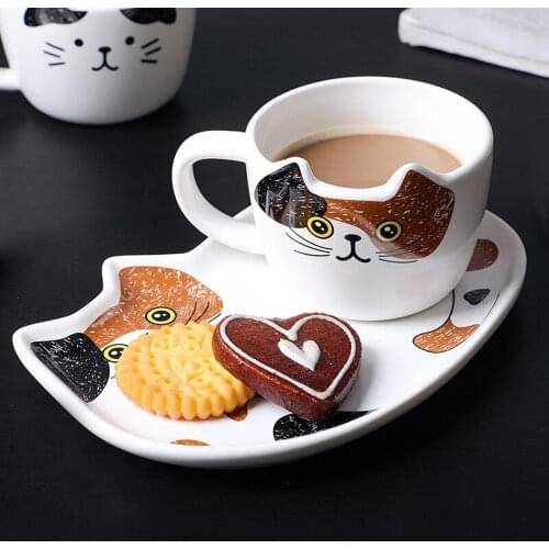 Cute Cat Ceramics Coffee Mug Set Handgrip Animal Mugs With Tray Creative Drinkware Coffee Tea Cups Novelty Milk Cup Breakfast