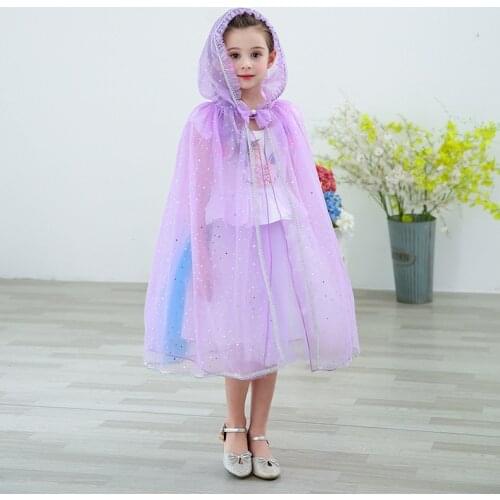 Girl Sequin Hooded Cloak Princess Accessory Elsa Belle Aurora Rapunzel Cape Kids Halloween Mantle Girls Summer Dress Up purple
