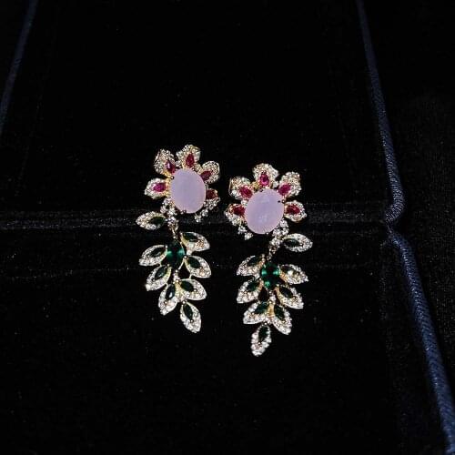QTT Fashion AAA Cubic Zircon Flower Shape Earrings for Women Long Hanging Earrings Popular Leaf Wedding Birthday Jewelry Gift
